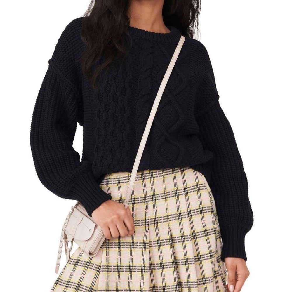 Free People Dream Cable Black Crewneck Sweater